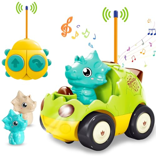 Pup Go Dino RC tecknad maskin för barn 18 månader + med musik och ljus, 2 utbytbara dockor, första fjärrstyrd bil för första barndomen, perfekt present till födelsedag eller jul