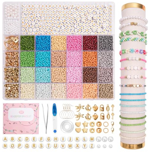 JHWELRG 24 Farbe Selber Machen Perlen für Armbänder Set 3mm,mit Goldenen Buchstabenperlen DIY Schmuckherstellungs Sets,Mädchen und Erwachsene Geschenkidee für Weihnachtsferien,Geburtstags Partys