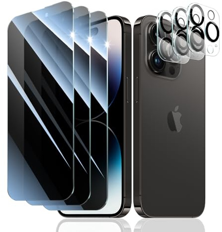 3+3 Stück Sichtschutz Panzer Schutz Glas für iPhone 14 Pro, Anti-Spähen Gehärtetes Glas Schutzfolie und Kameraschutz, Panzerglas Displayschutzfolie, 9H Härte,HD Klar, Anti- Kratzer, Bläschenfrei