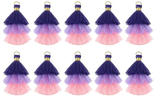 QUARKZMAN 10 Stück Winzige Dreischichtige Quasten 1,6 Mini Quaste Taschenanhänger Böhmische Handgefertigte Quasten Schlüsselanhänger für DIY Projekte Schmuckherstellung (Blau/Lila/Rosa)