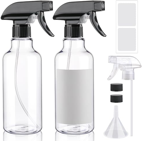 Hethyo Sprayflaskor 479 ml tomma sprayflaskor i plast för hårdimma/ström sprayning kraftiga fyrkantiga vattensprayflaskor för rengöringslösningar, växter, eteriska oljor 2-pack (16 oz)