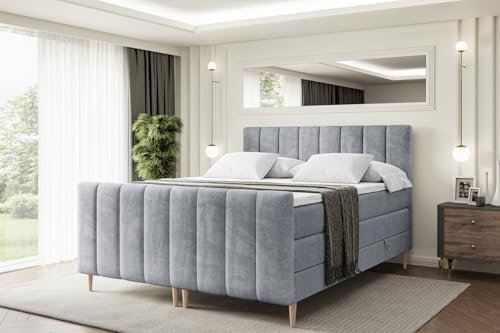 ALTDECOR Boxspringbett mit Holz Füßen, Matratze und Lattenrost, Topper, Fußteil, Polsterbett mit Bettkasten, Bett mit Stauraum H3- und H4- Matratze -OTTA-FD-Z KING-200x200 - Grau Casablanca