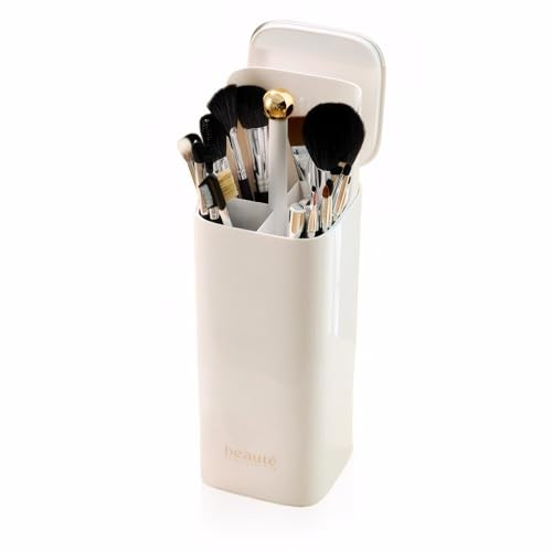 Make Up Brush Holder,4 Slots Automatic Lifting Dustproof Makeup Brush Holder with Lid,Make Up Brushes Storage,Waterproof Makeup Organizer for Dressing Table,countertop,Vanity (White)
