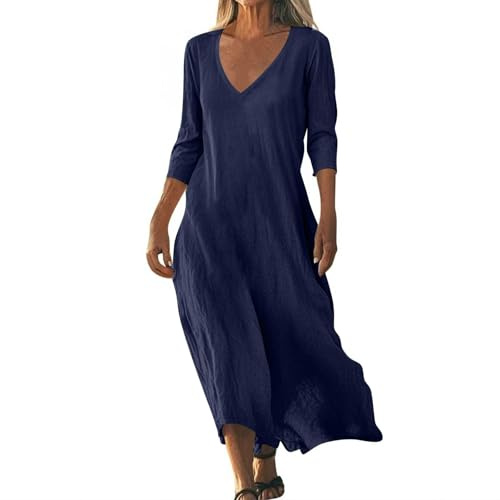 Women Linen Dresses Made in Italy Brown Dress Elegant Flowy Solid Color 3/4 Sleeve V Neck Cotton Maxi Bohemian for UK (Navy, M)