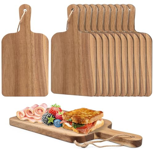 12er Set Kleine Akazienholz Schneidebretter mit Griff, 22 x 15 cm
