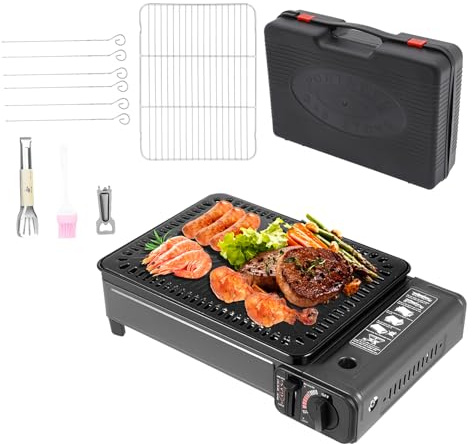 LKHDONG Tragbarer Gasgrill Camping Grill Gasherd Campingkocher, BBQ Gaskocher Tischgrill Gas mit Grillnetz und Koffer, Outdoor Gasgrill für Camping Trekking Reisen