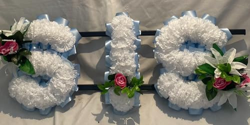 Customizable Funeral Flowers - Personalized Artificial Silk Flowers for Graves & Funerals | Lasting Remembrance with Any 3 Letters | Sis Tribute with Lily & Rose Clusters
