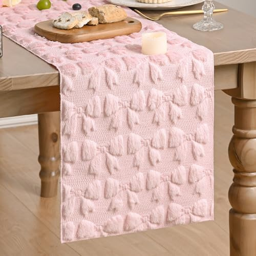 Artoid Mode Weich Plüsch Samt Faux Pelz Rosa Schleife Valentinstag Tischläufer, Muttertag Hochzeit Küche Tisch Urlaub Party Dekor 33x183 cm