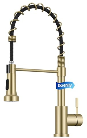 Exrenlly Kitchen Tap, Commercial Spring Kitchen Mixer Tap, Single Handle High Arc Stainless Steel Tap with 360° Swivel and 2 Spray Modes, Gold
