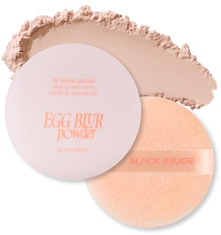 BLACK ROUGE, Egg Blur Powder, EP02 Nu peach, Loose Face Powder, Korean Makeup Oil Control Compact with Puff, Lightweight Long-Lasting Setting Powder in White, Peach & Purple, 0.17oz