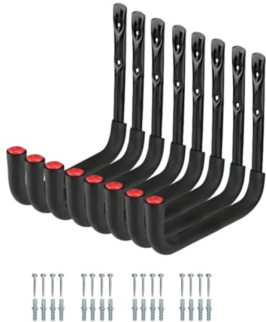 MUKSEUT 8 Stück Garagenhaken Wandhaken Schwarz, 25cm Leiterhaken Wand | Schwerlasthaken mit EVA-Schutz, Schwarzer Wandhalterung Leiter für Gartengeräte, Sportgeräte, Werkzeugen, Tragkraft 22 kg