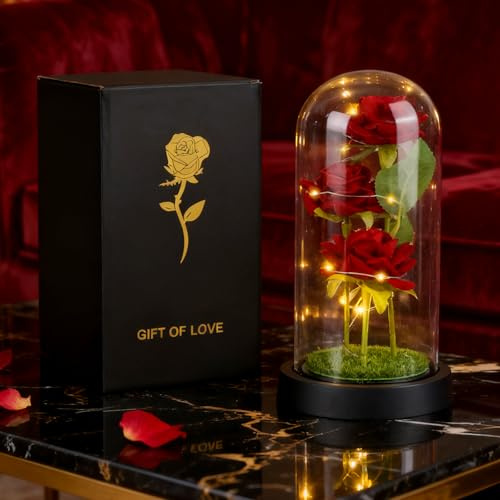 YHNDECO Rose Gifts For Women, Beauty And The Beast Rose, Forever Flowers, Forever In Glass Dome for Wedding, Birthday, Anniversary,Red