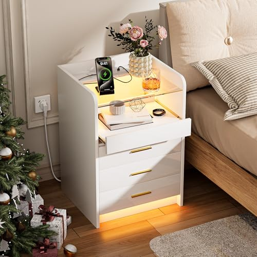 Bedside Table with 2 AC Outlets/2 USB Ports & Remote-Controlled RGB LED, Bedside Cabinet with 3 Drawers & 1 Sliding Shelf & 1 Glass Shelf,45x40x65cm, Suitable for Bedrooms & Living Rooms(1pcs,White)