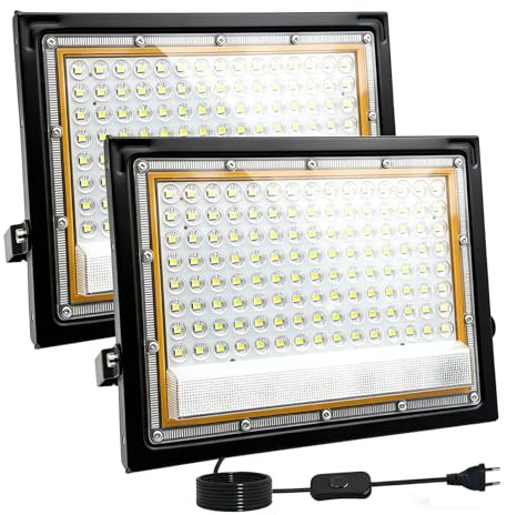 Tkdaksy 2 Piezas Focos LED Exterior 100W, 1.5M Cable Blanco Frío 6500K Proyector LED Exterior, Resistente al Agua IP66 Foco Proyector LED, 10000LM para Terrazas, Patios, Balcones, Parques, Garajes