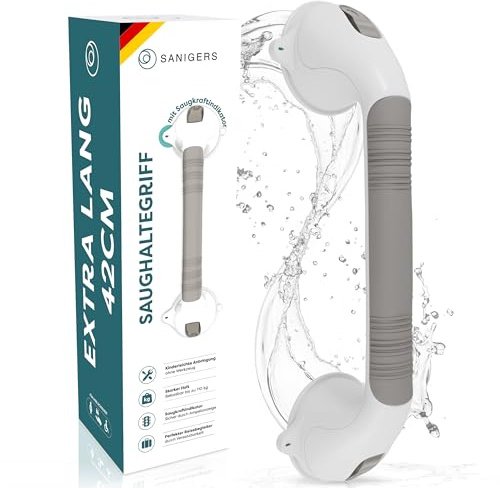 SANIGERS® Barre d'appui avec ventouse - Maintien extra fort - 110 kg - 42 cm - Poignée de douche sans perçage - Pour personnes âgées - Poignée de baignoire sans perçage - Poignée de douche avec