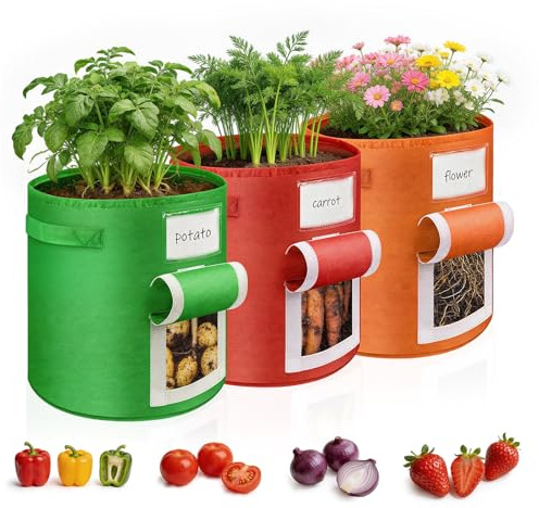 Teamkio 10 Gallon Potato Grow Bags, 3 Pack Growing Bags for Vegetables with Window Flap and Handles, Grow Bags for Potatoes, Fruits, Flowers, Non-woven Planting (Mix color)