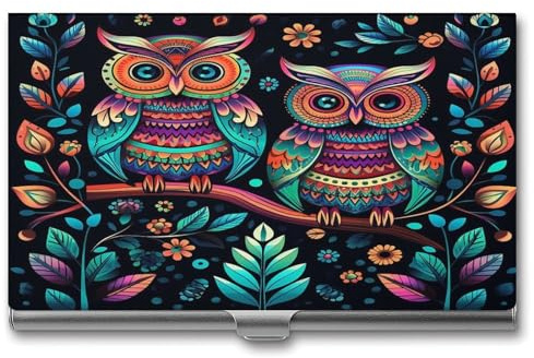 asbwuo Porte-Cartes de Visite Unisexe avec Motif Hibou coloré, étui de Poche en métal, Porte-Cartes de Visite à Boucle, en Aluminium.