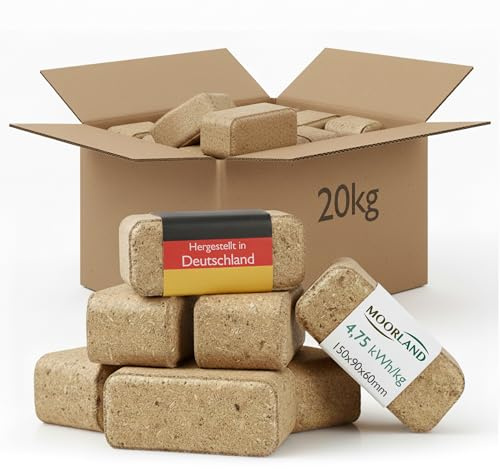 Moorland Holzbriketts 20kg hoher Heizwert, nachhaltig & CO₂-neutral – Kaminbriketts 100 % naturbelassenes Holz ohne Zusätze – Brennholz gepresst Made in Germany – Briketts Kamin, Ofen & Grill