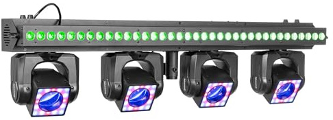 BeamZ ShowBar Vibe - LED Partybar mit 4x Moving Head & LED Bar Wash Stroboskop - DMX Discolicht Partylicht für DJ Equipment & Disco Light - Musikgesteuert, Fernbedienung & Halo-Ring - Schwarz