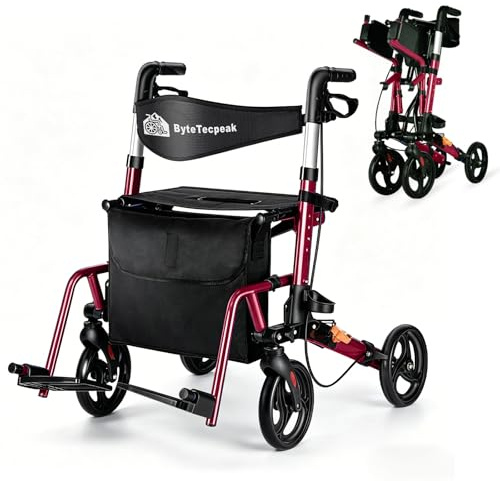 R3 Deambulatore leggero 2 in 1 e sedia a rotelle– Carrello pieghevole regolabile in altezza ed ergonomico, con funzione sedia a rotelle per interni ed esterni, con custodia (Rosso)