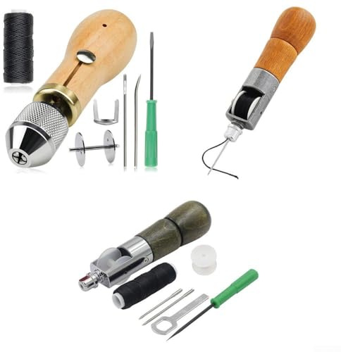 HEBEOT Kit di attrezzi da cucito con punteruolo a mano e filo cerato, per lavori fai da te, tela, aghi in acciaio al carbonio, nero (C)