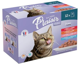 Offrez Une Alimentation complète et savoureuses à Votre Chat stérilisé avec Les Repas Plaisir, 12 sachets de 85g en Sauce au bœuf, Poulet et Poisson - Lot de 3