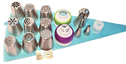Russian Piping Tips 26pc Set 10 Large Flower Tips/nozzles inc.1 Ball tip + Silicone Pastry/Icing/Fondant Bag + 10 Free Disposable Bags & 3 couplers for Cupcake/Cake Decorating, Two Leaf Tips