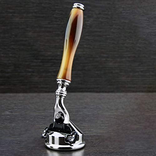 Triple Edge Luxury Razor & Holder - Premium Horn Shaving Duo -Triple Edge Cartridge Compatible Razor - Luxury Horn Unbreakable Resin Handle & Chrome Plated Steel Razor Holder - Stunning Display Stand