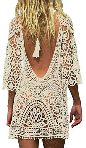EDOTON Costumi Interi da Bagno per Donna, Costume da Bagno Bikini in Crochet con Pizzo Aperto (C- Beige)
