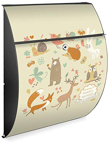 banjado Design Briefkasten - Modell Riviera 46x33,5x13cm groß - verzinkter Stahl anthrazit - Postkasten Öffnungsstopp großer A4 Einwurf Zylinderschloss 2 Schlüssel - Motiv Waldtiere