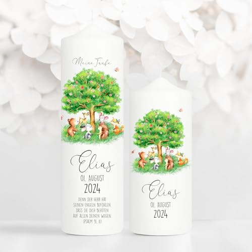 Bougie Baptême personnalisée Fille Garçon motif Arbre et Animaux de la forêt – Cierge Baptême avec prénom, date et message – 1 cierge + 1 bougie parrain/marraine – Cadeau parrain marrain 25 x 7 cm