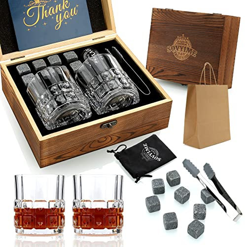 Whisky Steine Whisky Gläser, 2 Gläser, 8 Granit Whisky Eiswürfel, Holz Geschenkbox Geschenk für Whisky Liebhaber/Männer/Weihnachten/Geburtstag/Vatertag(310ml)