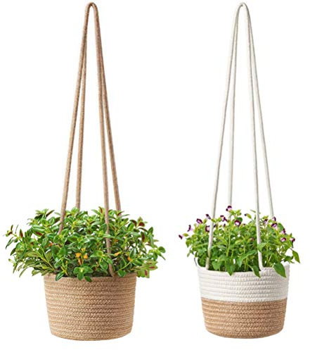 Yumira Blumentöpfe Hängende, geflochtene Seegras Pflanzkorb Pflanzentöpfe Pflanzkübel Wanddekoration Pflanzentopfhalter mit Seil innen und außen, Balkon, Garten 2 Stück
