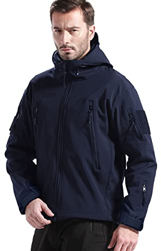 FREE SOLDIER Herr vinterjacka militär softshell jackor utomhus fleecefoder vindtät vattentät jacka med huva varma taktiska jackor med flera fickor för jaktutflykter (blå, M)