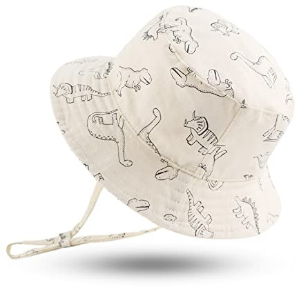 XIAOHAWANG Baby Sonnenmütze Jungen Sonnenhut UV Schutz Baby Mädchen Mütze Sommer Atmungsaktiv Kinder Fischerhut Mit Mesh-Futter (Weiß Dinosaurier, 44CM,0-3Monate)