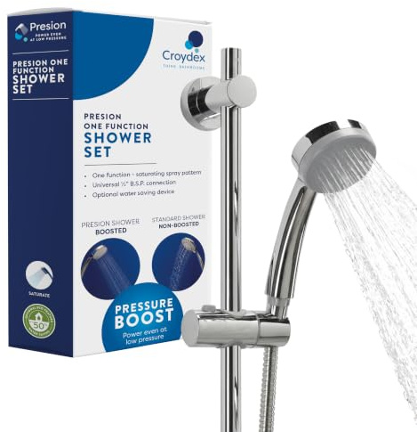 Croydex Presion Pressure Boost Complete Shower Kit - Chrome | High Pressure Shower Head | 68cm Riser Rail | 1.5m Stainless Steel Shower Hose | Adjustable Slider | Flexi-Fix Wall Brackets