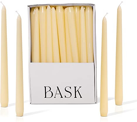 Bask 10-inch Taper Candles - Unscented and Dripless - Burns for 8 Hours - Home Decor for Dinner Table, Kitchen, and Bedroom - Perfect for a Romantic Date or Anniversary - 30-Pack - Ivory