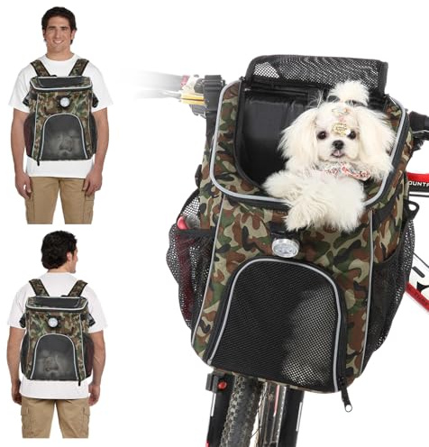 PETCUTE Zaino per Gatti,Pieghevole Borsa da Bicicletta per Cani con Nastri Riflettenti e luce,Staccabile Cestino per Bici per Cani con Tasche Portaoggetti,Adatto per Viaggiare