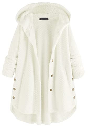 Onsoyours Übergroße Kawaii Hoodie with Katzen Ears Plüschjacke Weiche Lang Decke Sweatshirt Langarm Teddy Fleece Pullover mit Tasten Herbst Winter Fleecejacke Kapuzenpullover B Weiß L