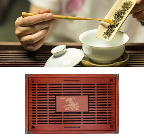 Plateau à thé Kongfu, Plateau à thé en Bois Chinois Plateau de Service de thé de Drainage de Stockage D'eau pour la Maison Table Double Couche Plateau à thé Japonais Table de (Rouge foncé)