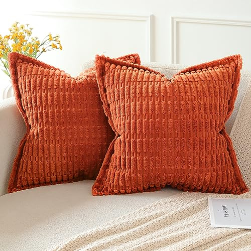 Artscope 2er Set Kordsamt Kissenbezüge Moderne Kissenhüllen Dekorative Sofakissen Umwickelte Kante Dekokissen Weicher Zierkissenbezug für Wohnzimmer Sofa Schlafzimmer Dekor Karamell Orange, 50x50cm