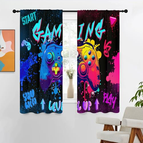 Gaming-Vorhänge, 106,7 cm B x 160 cm L, Spiel, Kinder, Jungen, Teenager, Graffiti-Gamepad für Gamer, bunt, gespritzte Tinte, niedlich, cool, dunkel, Controller, Spielzimmer, Kinderzimmer, Wohnzimmer,