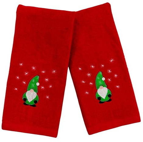 Serafina Home Gästehandtücher für Feiertage, Weihnachten, Bauernhaus, rot, Frottee-Handtücher mit wintergrünem Zwerg bestickt