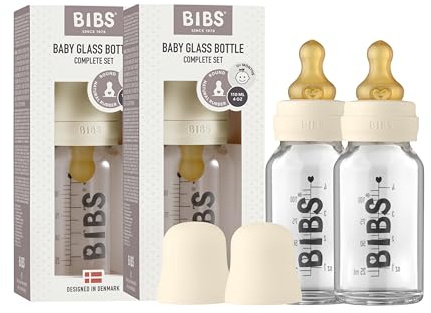 BIBS Baby Glass Bottle 110ml, 2er Pack, Vermindert Koliken, Runder Sauger aus Naturkautschuklatex, Unterstützt das Stillen, Complete Set - 110 ml (Pack of 2), Ivory