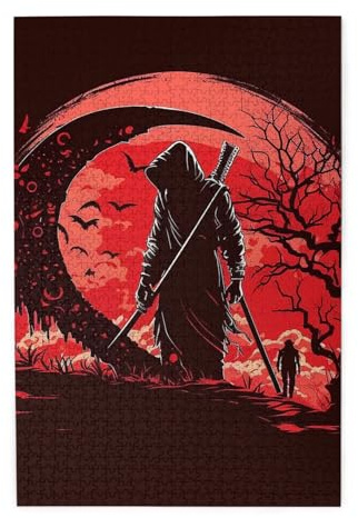 HERRECX 1000 Piece Jigsaw Puzzle - Sickle Grim Reaper Skull Night Moon red Wood Puzzle for Adults Teens Family Game Educational Toys Gifts