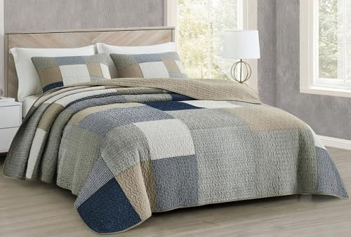 Chezmoi Collection Addy Patchwork-Steppdecken-Set aus vorgewaschener Baumwolle, leicht, wendbar, für alle Jahreszeiten, Übergröße, 3-teilig, Marineblau, weiß, grau, Taupe, kariert