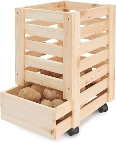 Pinus Holzkiste auf Rollen 31x37x50 cm Obstkiste Kartoffelkiste | Kiefernholz, 4 Rollen, schräge Front, offene Bauweise, für Obst Gemüse Textilien, Küche Vorrat Keller