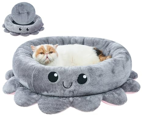 Jiupety Niedliches beruhigendes Hundebett, Freiraum für mittelgroße und kleine Hunde, Angstpolster, Hundebett mit Oktopus-Form, Grau, M, Boho, rundes Haustierbett, Katze mit abnehmbarem Kissen