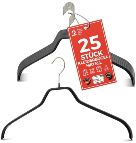 MAWA Kleiderbügel, Set mit 25 platzsparenden und rutschfesten Bügeln, ideal für Hemden und Blusen, mit 360°drehbarem Haken, Antirutschbeschichtung, 45 cm, Schwarz
