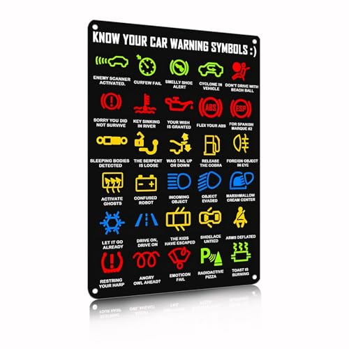 Know Your Car Warning Symbols Lights Mechanics Metal Signs Vintage Bathroom Wall Decor 8 x 12 Inch（2441）